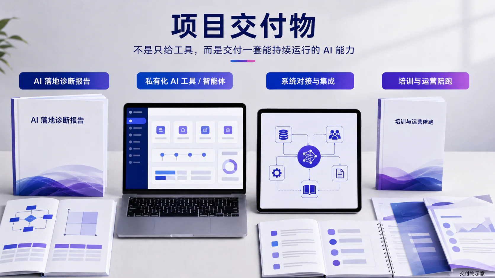 企业 AI 项目交付物示意：落地诊断报告、私有化 AI 工具与智能体、系统集成、培训与运营陪跑