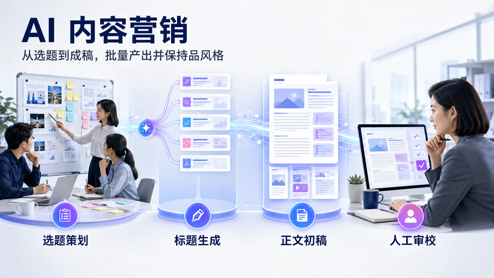 AI 内容营销流程示意：选题策划、标题生成、正文初稿与人工审校