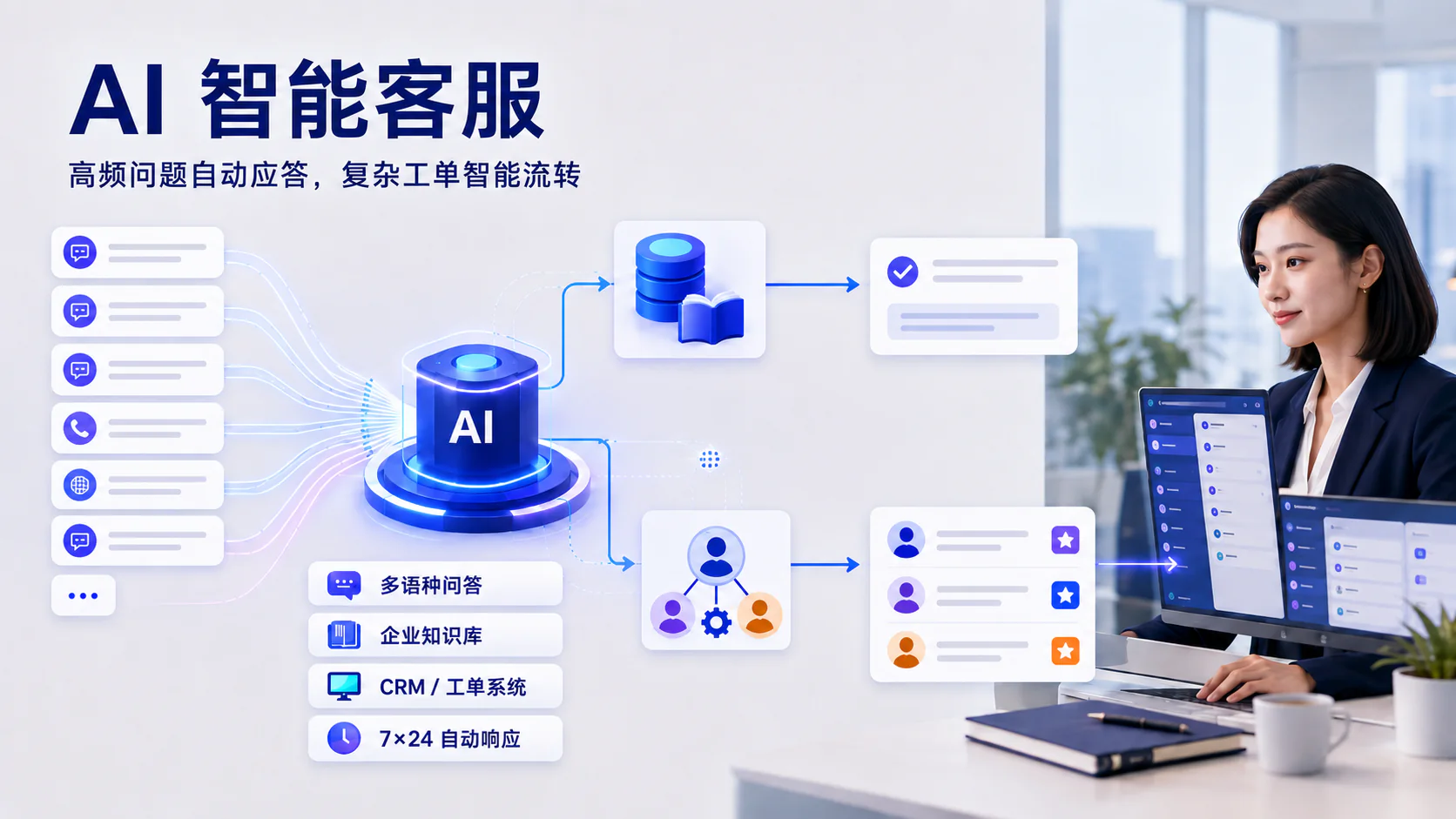 AI 智能客服流程示意：高频问题自动应答，复杂工单流转至企业知识库、CRM 与人工客服